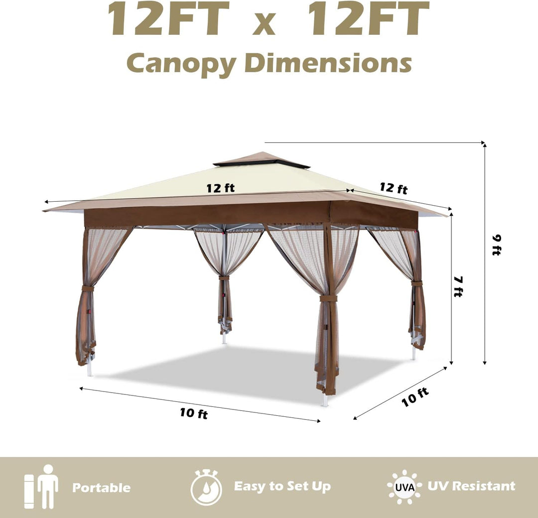 OUTFINE 12'x12' Gazebo Outdoor Pop up Canopy Tent with Curtains and Shelter for Patio, Party & Backyard (Khaki)