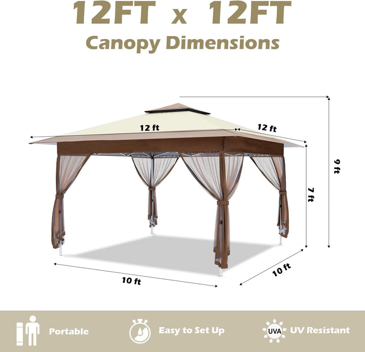 OUTFINE 12'x12' Gazebo Outdoor Pop up Canopy Tent with Curtains and Shelter for Patio, Party & Backyard (Khaki)