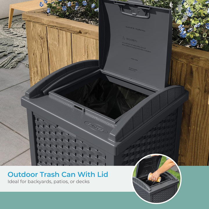 Suncast 33 Gallon Resin Outdoor Hideaway Patio Trash Can, Cyberspace Grey
