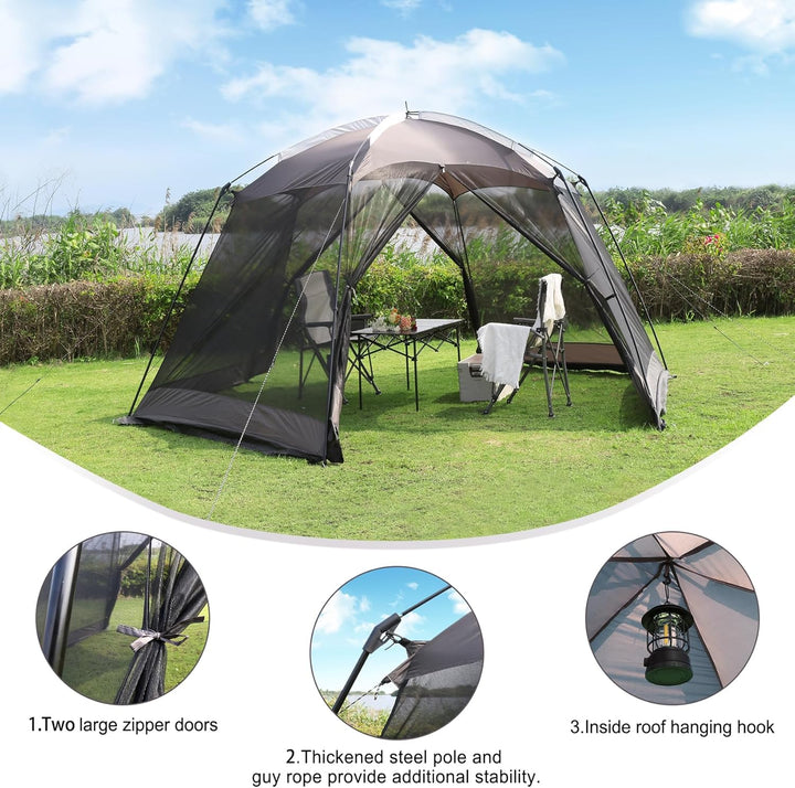 Screen House 15x13 FT Mesh Canopy Tent Camping Gazebo Shelter for 8-10 People Outdoor Party Activities, Grey